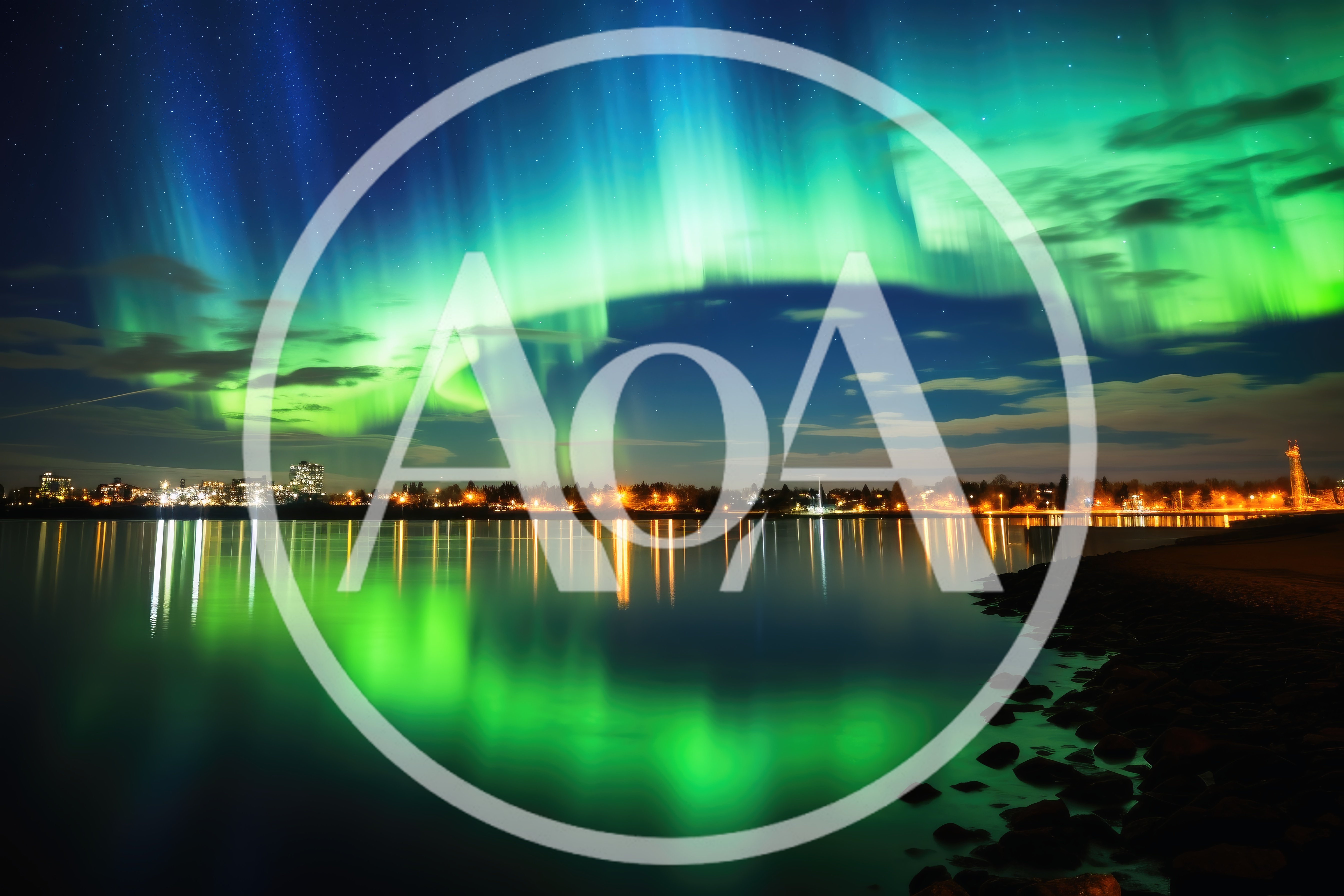 Vibrant Aurora Borealis Over A Calm City Waterfront
