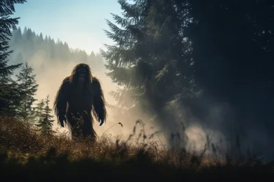 Bigfoot Walking Through A Misty Forest Clearing