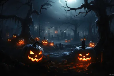 Spooky Halloween Jack O Lanterns In Dark Forest