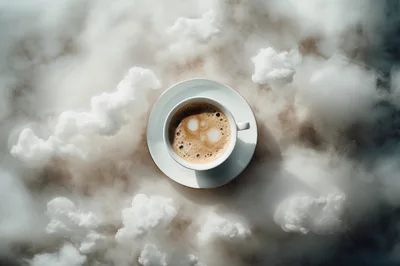 Top Down View Of Coffee Cup Floating In Clouds