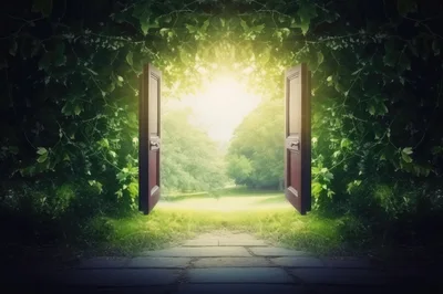 Open Wooden Doorway Leading To A Sunny Forest Clearing