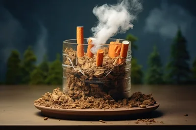 Cigarette Butts Smoldering In A Glass Container