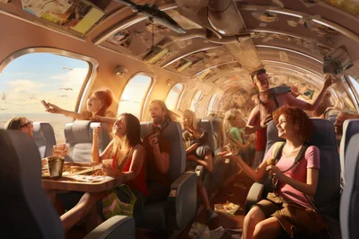 Group Of Friends Enjoying A Lively Airplane Cabin Party