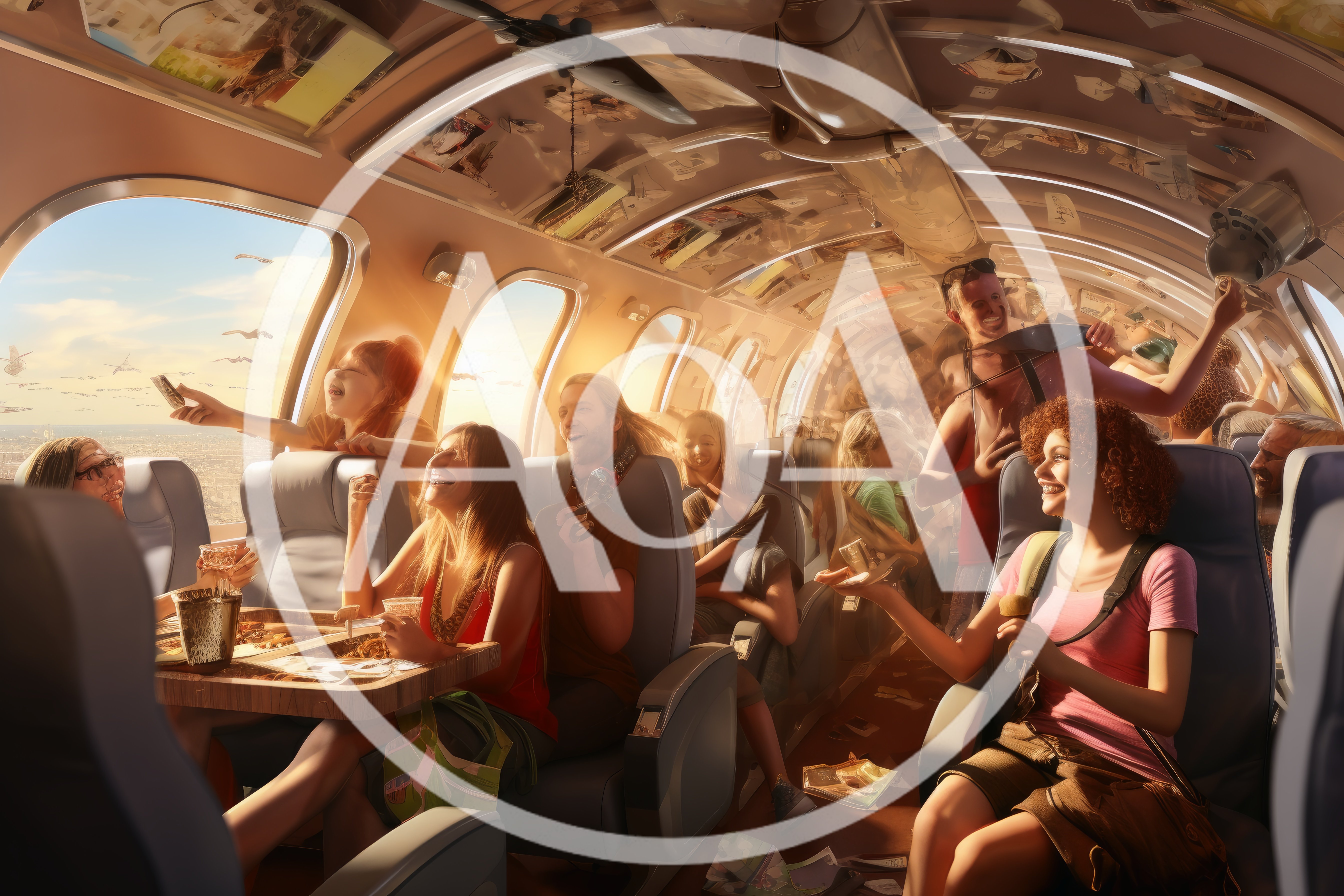 Group Of Friends Enjoying A Lively Airplane Cabin Party