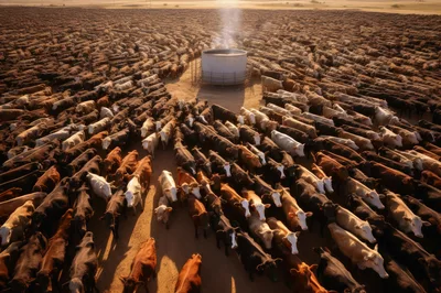 Aerial View Of Large Cattle Herd Surrounding Water Tank
