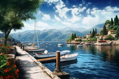 Scenic Coastal Village With Boats In Montenegro