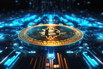 Golden Bitcoin Coin On Digital Circuit Board