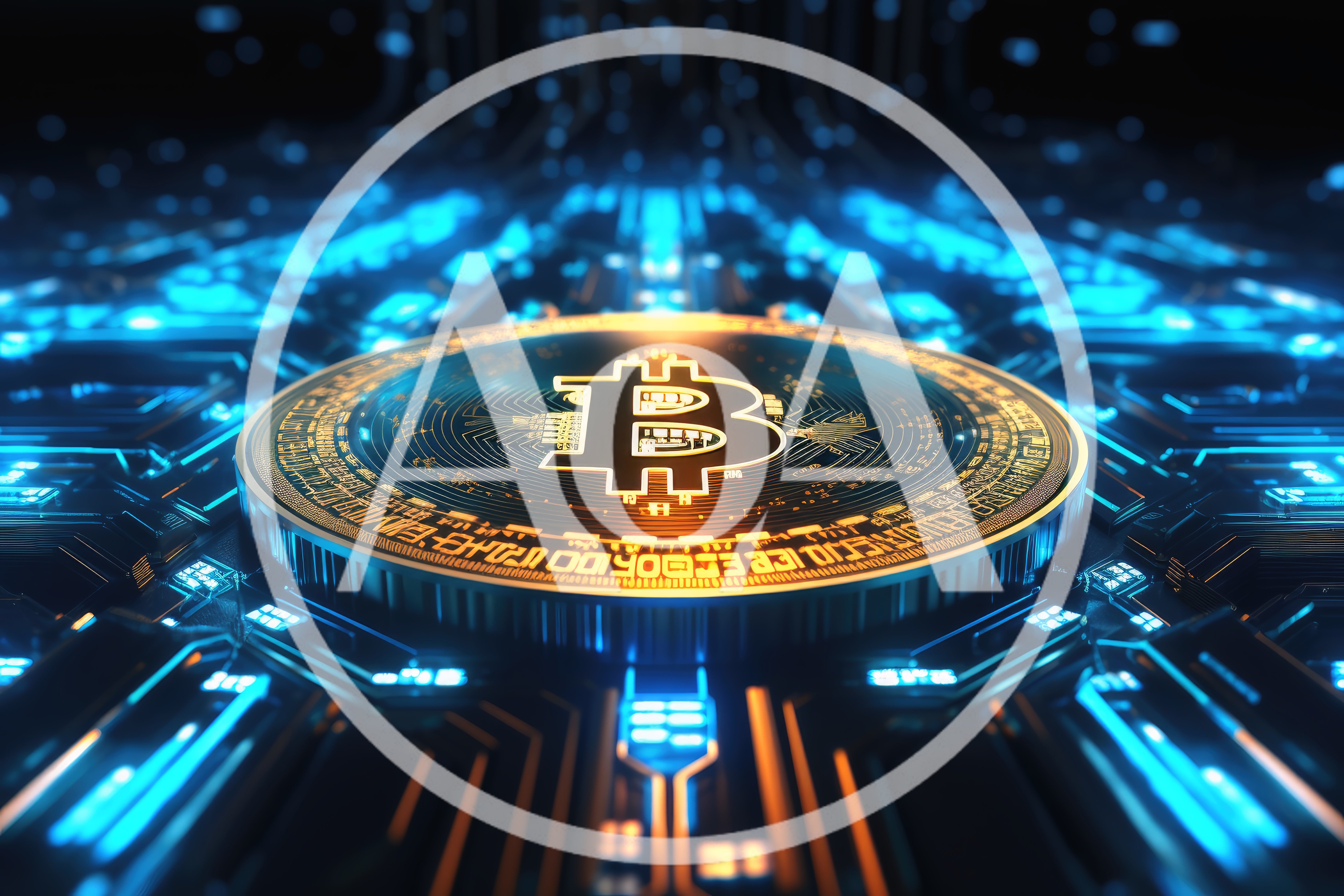 Golden Bitcoin Coin On Digital Circuit Board