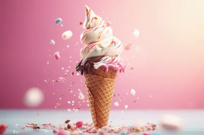 Swirled Ice Cream Cone With Floating Toppings