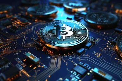 Bitcoin Cryptocurrency Coin Resting On A Computer Circuit Board