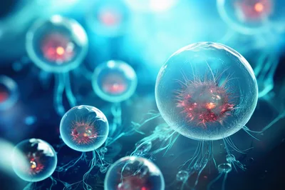 Microscopic View Of Biological Cells With Glowing Nuclei