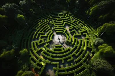Aerial View Of A Couple In A Circular Hedge Maze