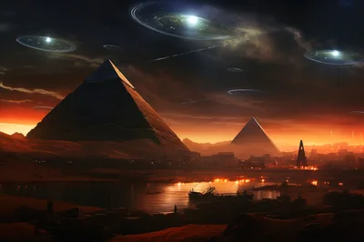 Futuristic Egyptian Pyramids Under Alien Spaceship Invasion