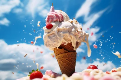 Melting Strawberry Ice Cream Cone Against Blue Sky