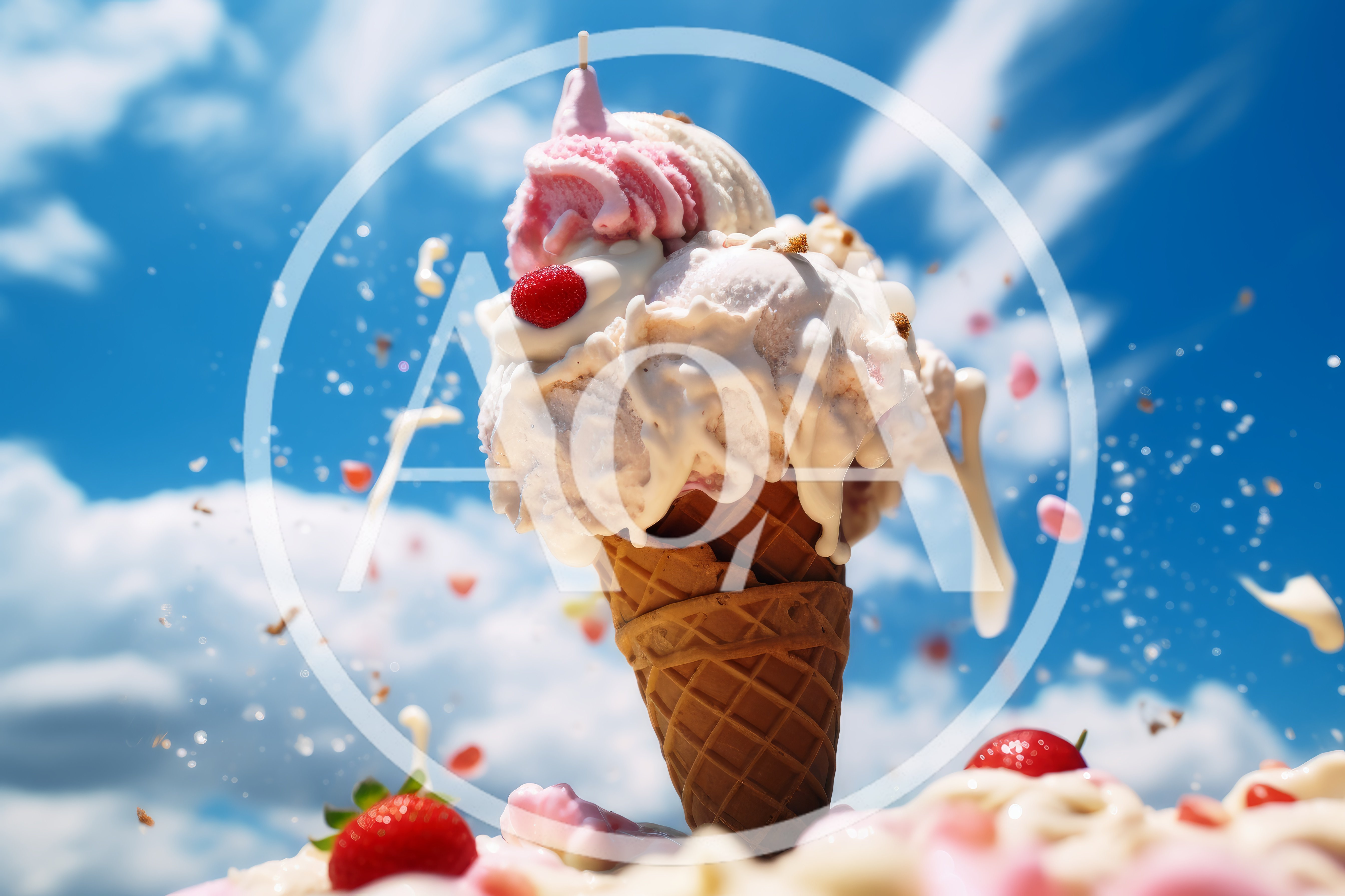Melting Strawberry Ice Cream Cone Against Blue Sky
