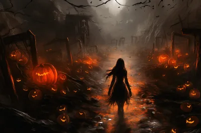 Silhouette Of A Woman Walking Through A Haunted Pumpkin Patch