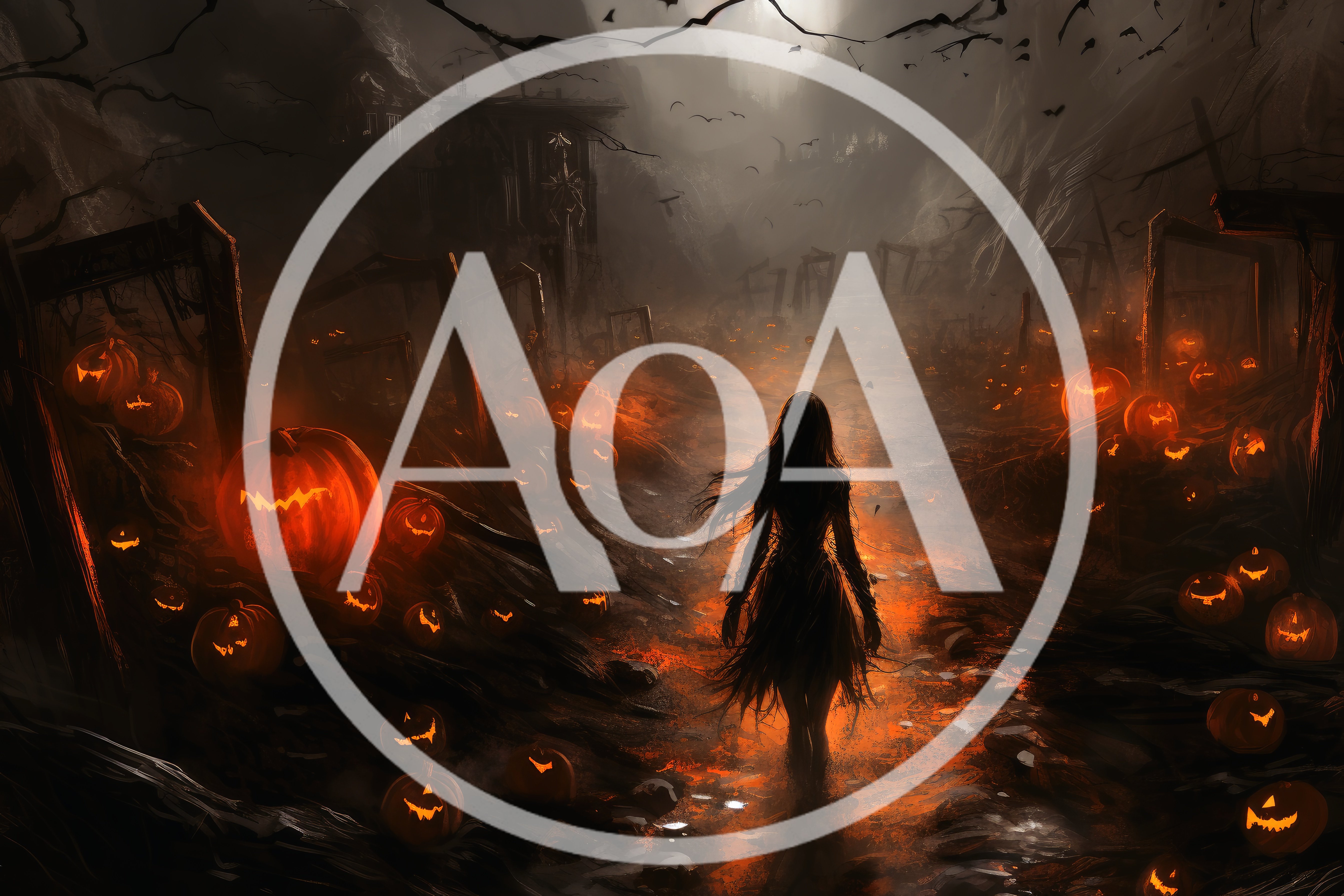 Silhouette Of A Woman Walking Through A Haunted Pumpkin Patch