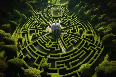 Aerial View Of A Circular Hedge Maze Garden