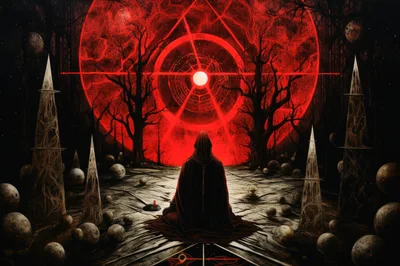 Hooded Figure Meditating Before A Glowing Red Celestial Sphere