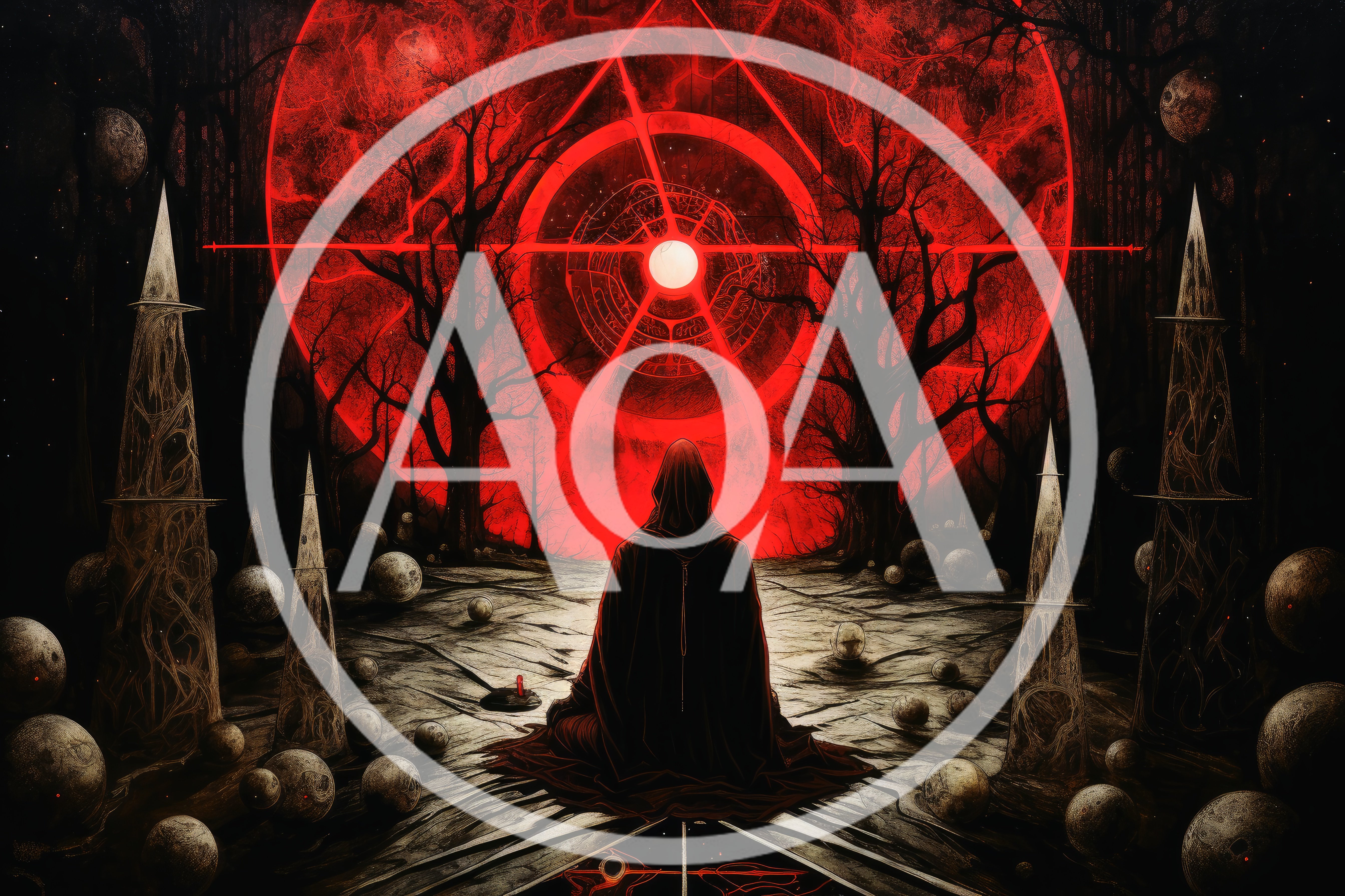 Hooded Figure Meditating Before A Glowing Red Celestial Sphere