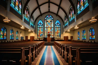 Empty Church Interior With Stained Glass Windows