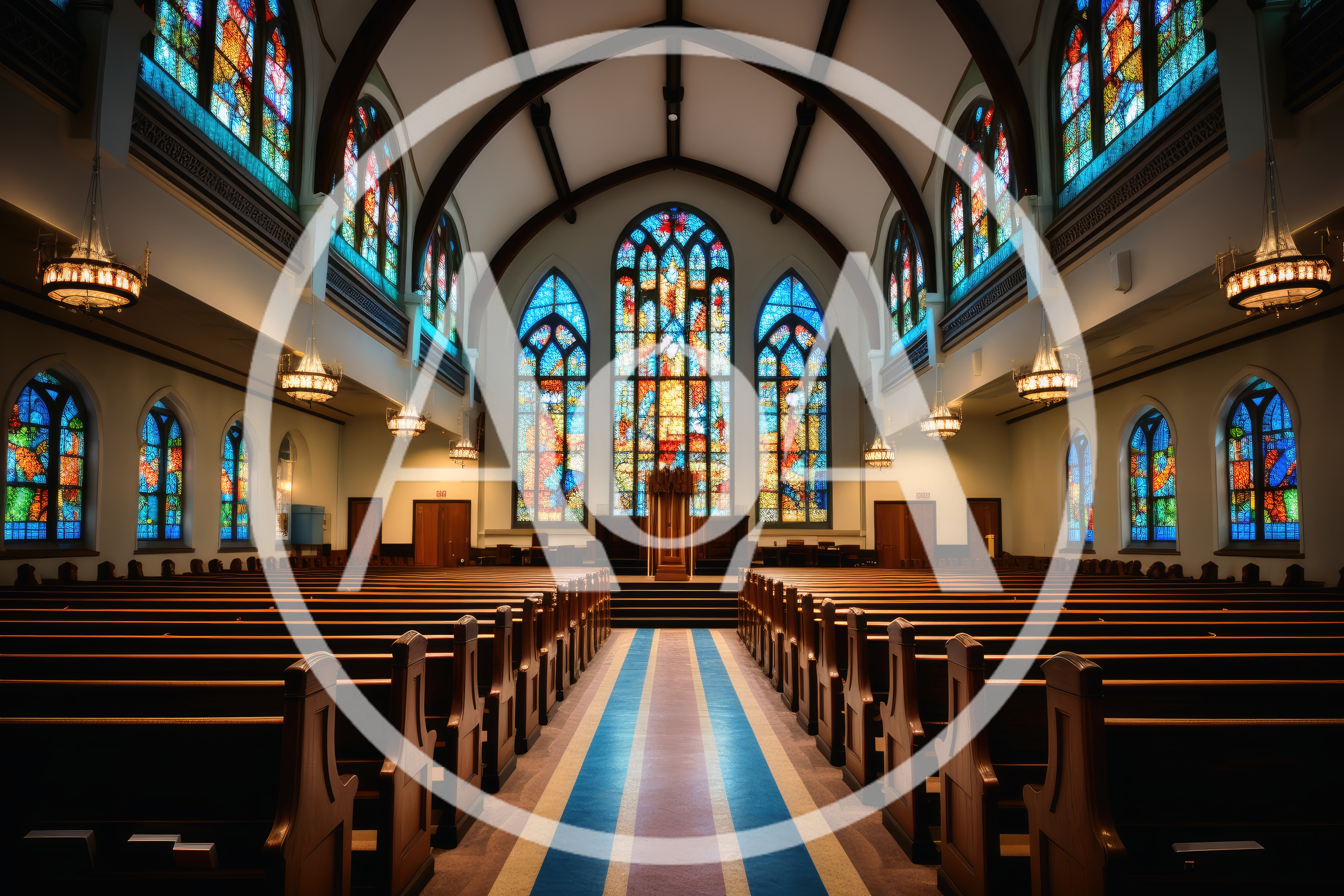 Empty Church Interior With Stained Glass Windows