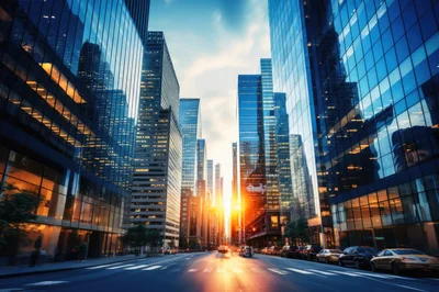 Modern Skyscrapers Lining A Busy City Street At Sunset