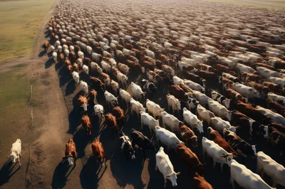 Aerial View of Large Cattle Herd Moving Across Pasture