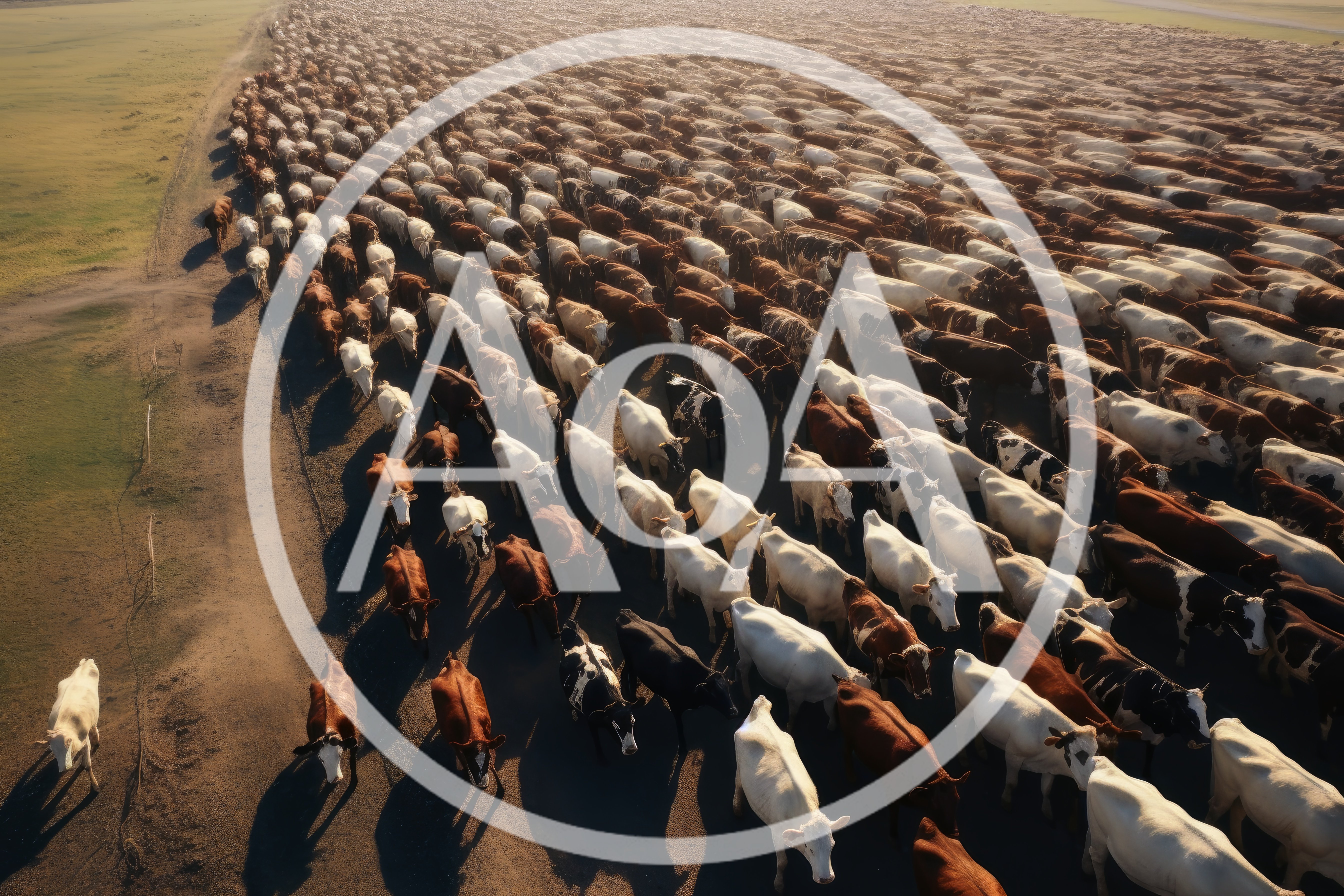 Aerial View of Large Cattle Herd Moving Across Pasture