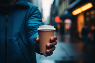 Person Holding A Disposable Coffee Cup On City Street