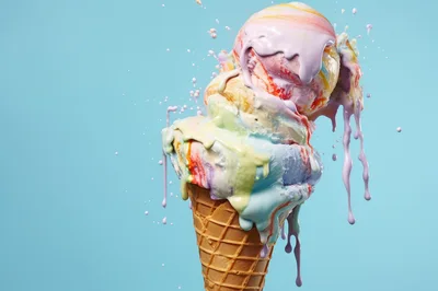 Melting Multi-Colored Ice Cream Cone Against Blue Background