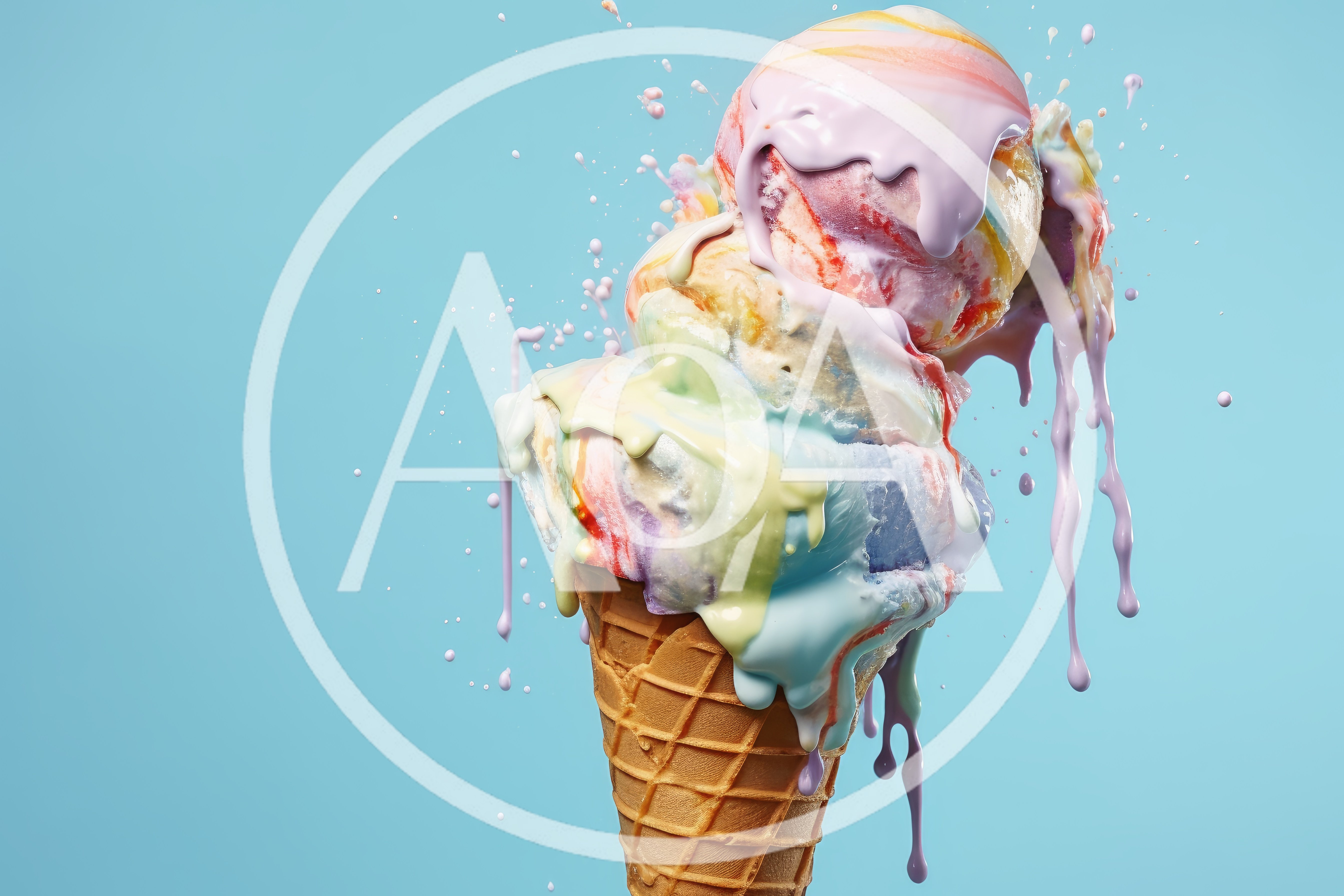 Melting Multi-Colored Ice Cream Cone Against Blue Background