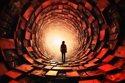 Silhouette Of A Person Standing In A Glowing Tunnel