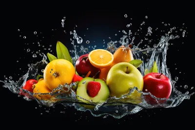Assorted Fresh Fruits Splashing In Water