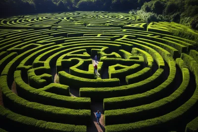 Aerial View Of People Navigating A Large Hedge Maze