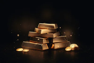 Stack of Shiny Gold Bars and Coins