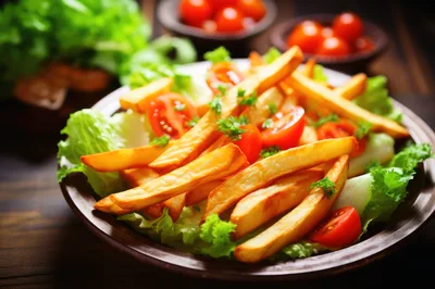 Fresh Salad With Golden French Fries On A Plate