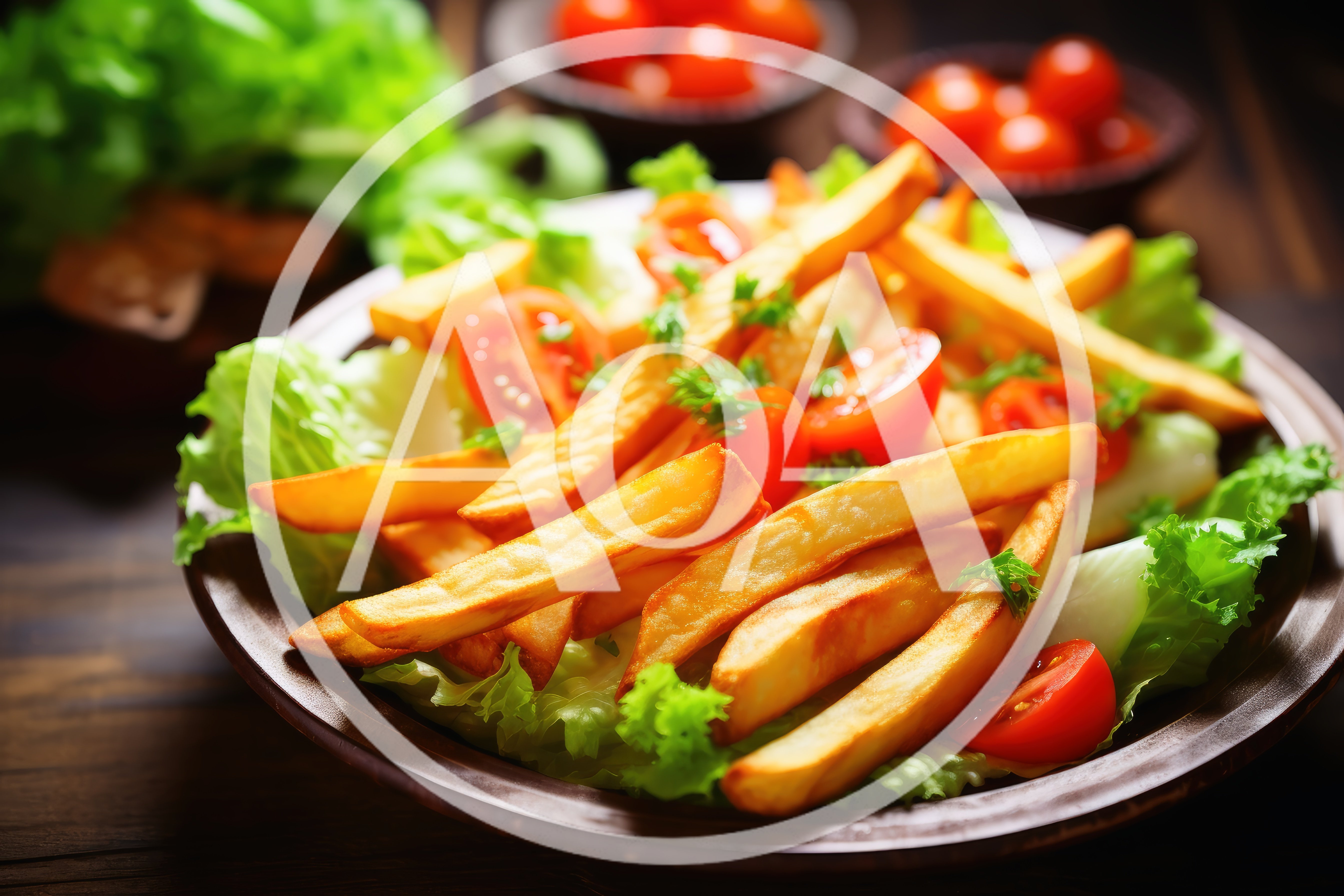 Fresh Salad With Golden French Fries On A Plate