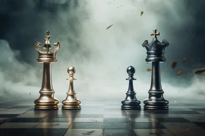 Gold and Black Chess Pieces on a Foggy Board