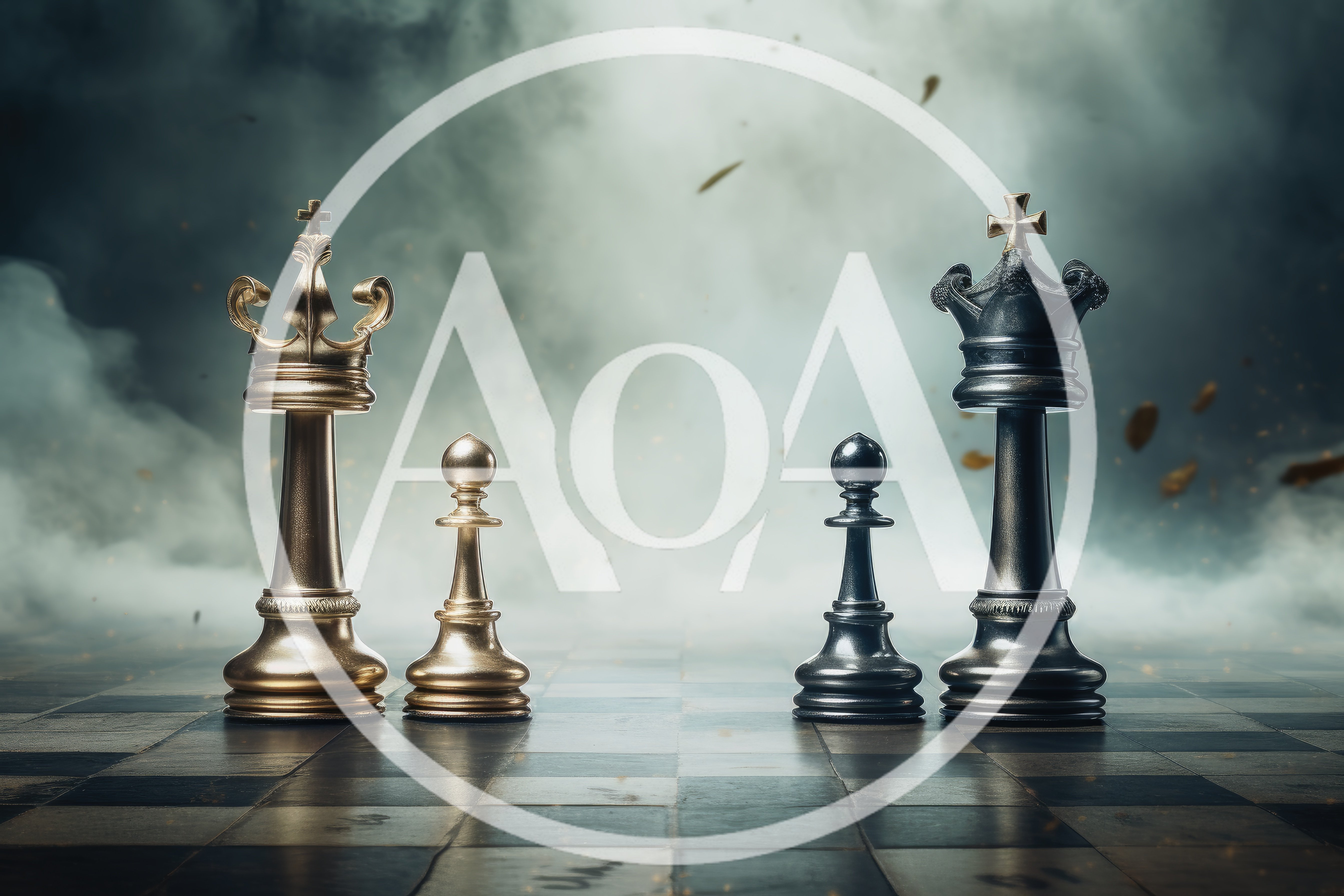 Gold and Black Chess Pieces on a Foggy Board