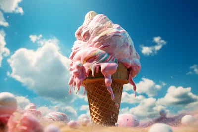 Melting Rainbow Swirl Ice Cream Cone Under Blue Sky