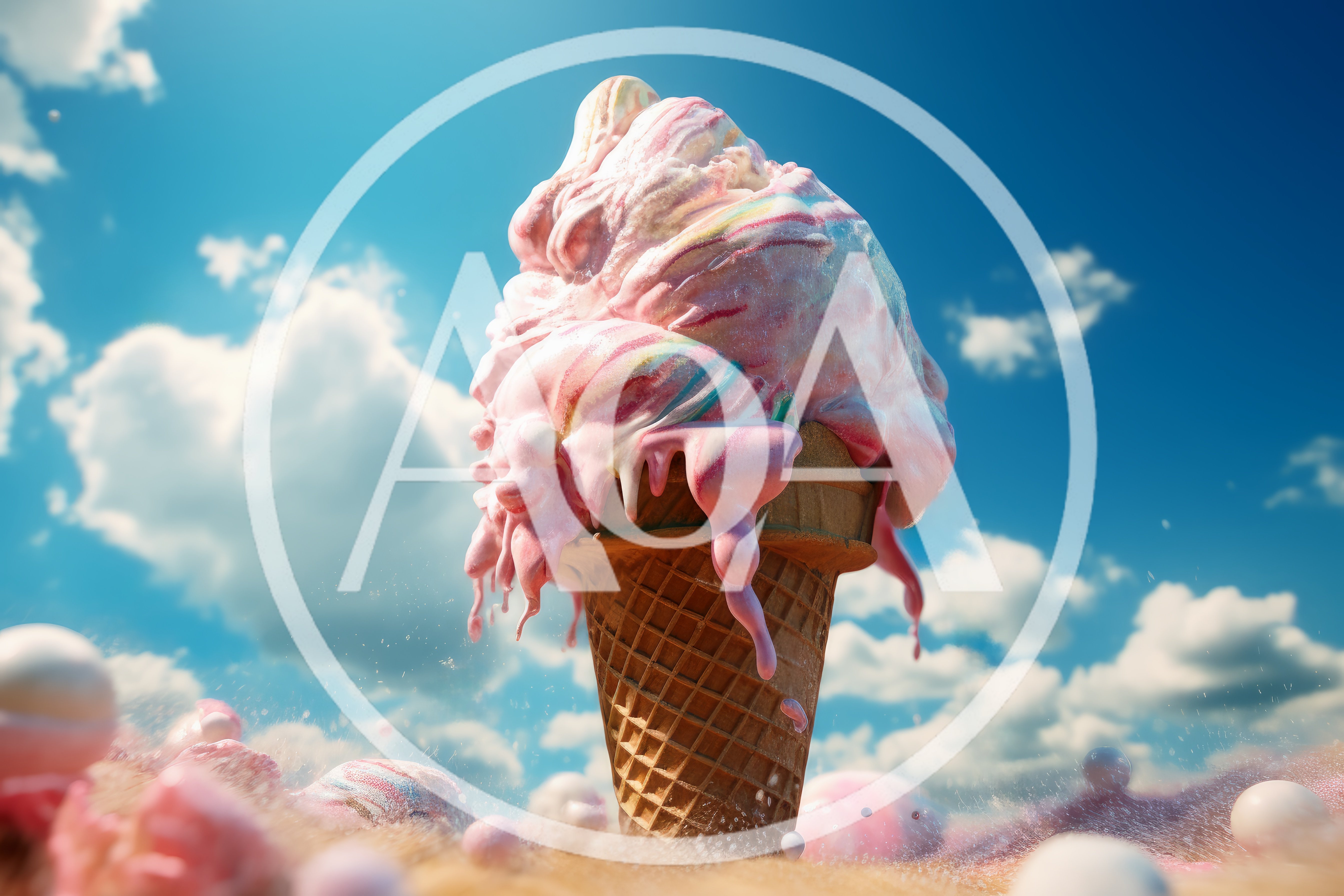 Melting Rainbow Swirl Ice Cream Cone Under Blue Sky