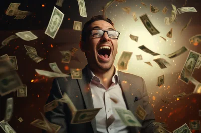 Excited Businessman Celebrating Success Amidst Falling Money