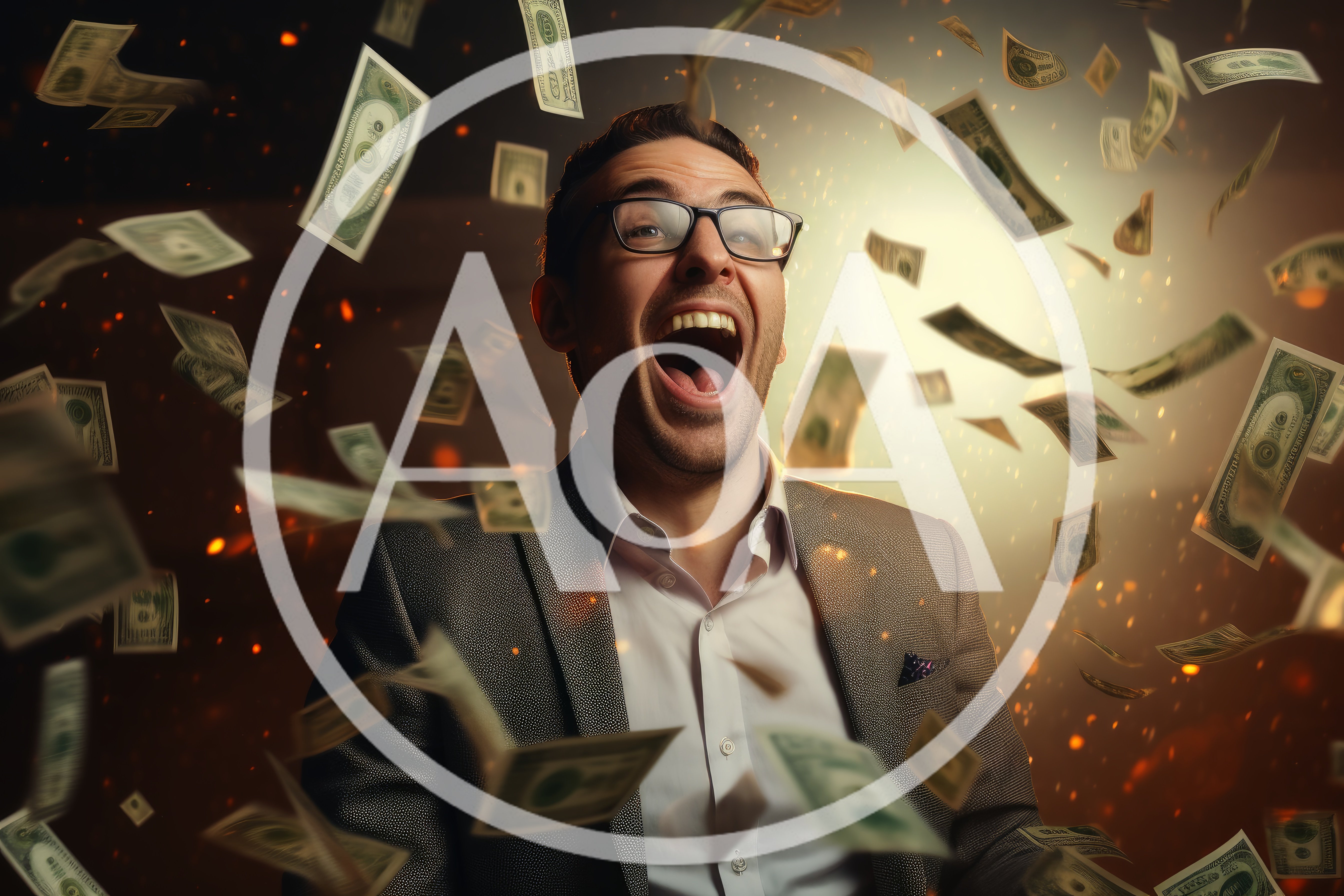 Excited Businessman Celebrating Success Amidst Falling Money