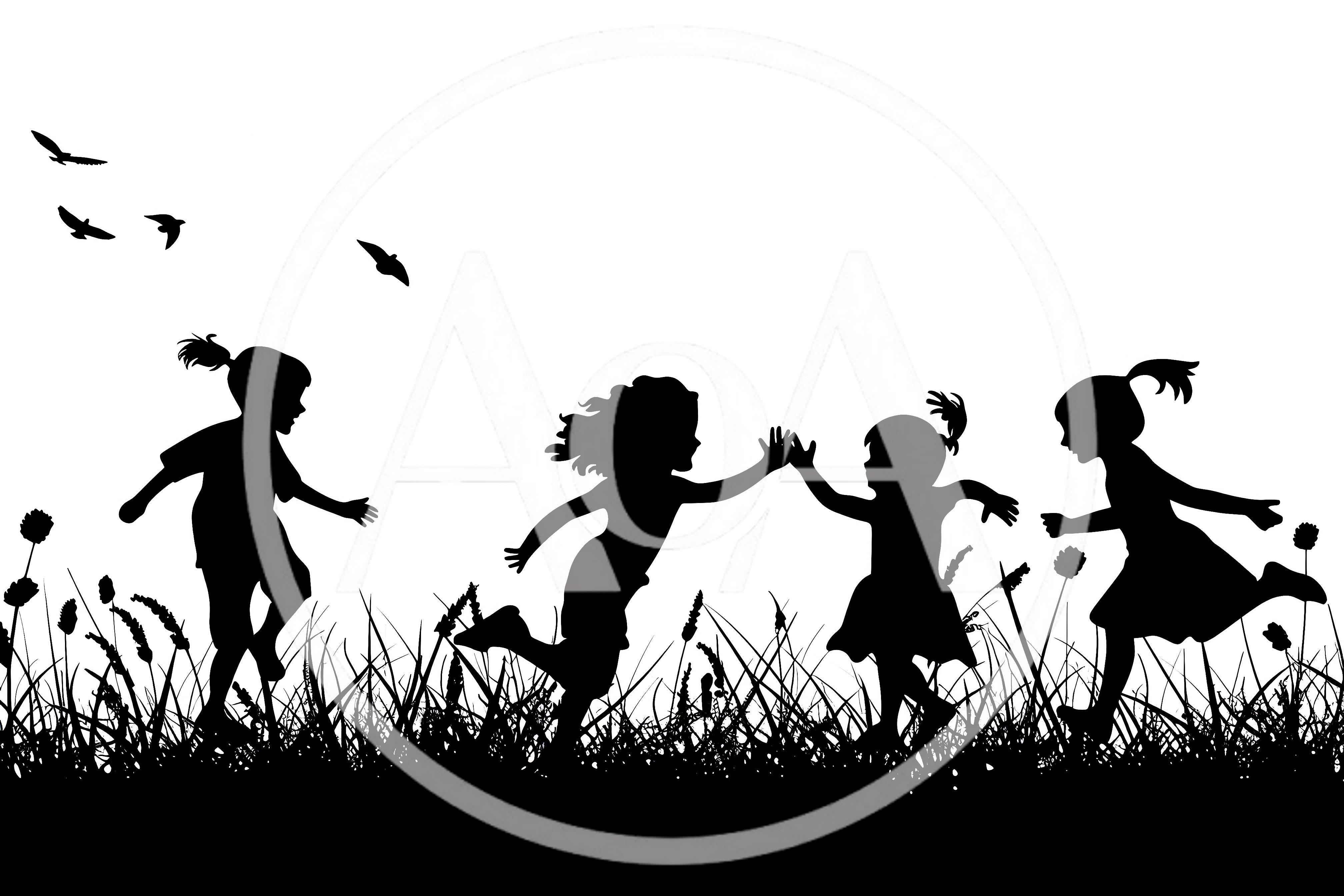 Silhouettes Of Children Playing In A Grassy Meadow