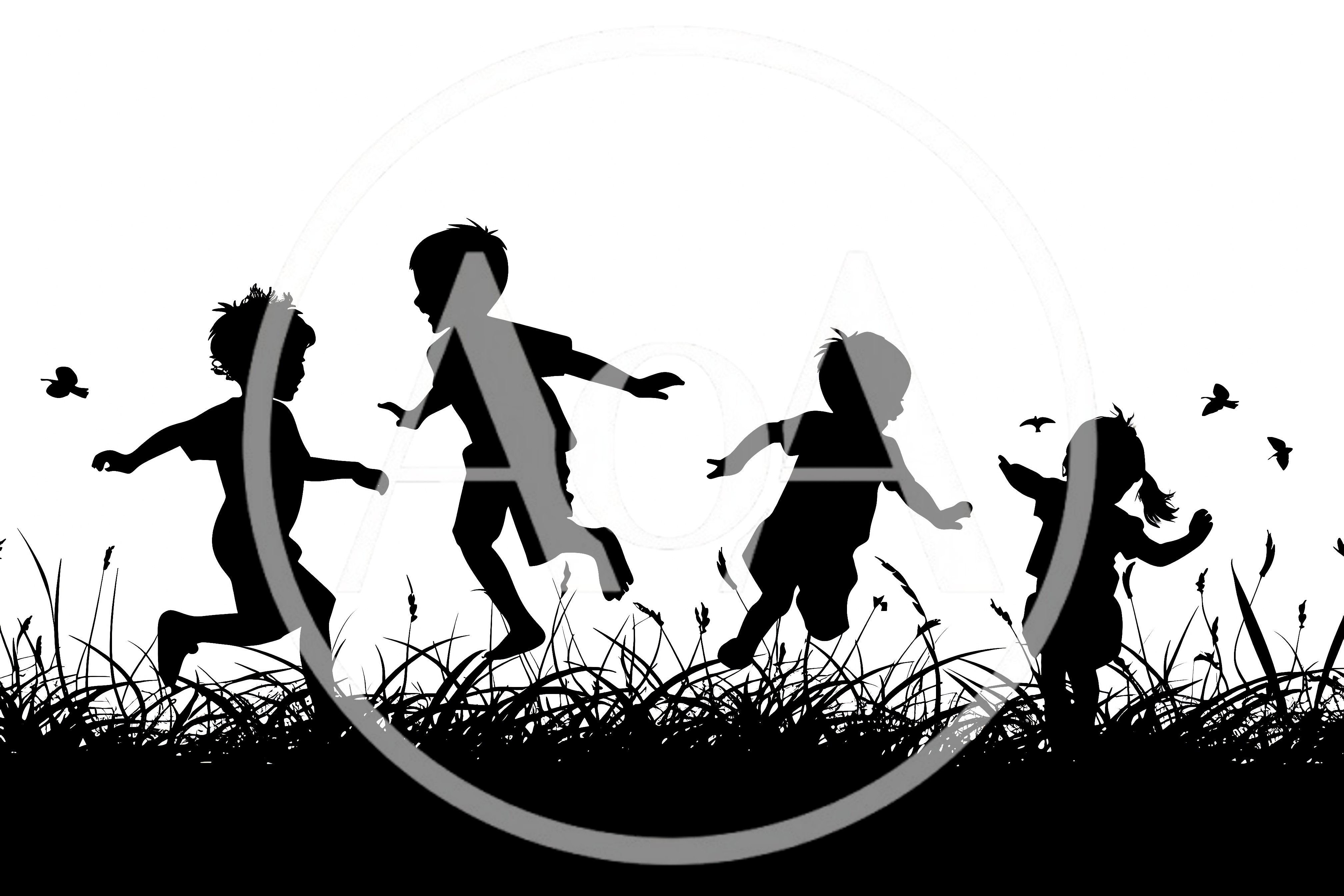Silhouettes Of Children Playing In A Grassy Field