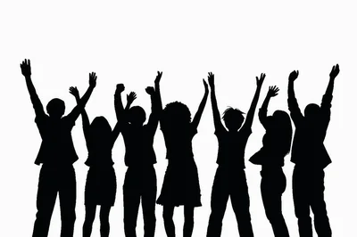 Silhouettes Of Diverse People Celebrating With Raised Arms
