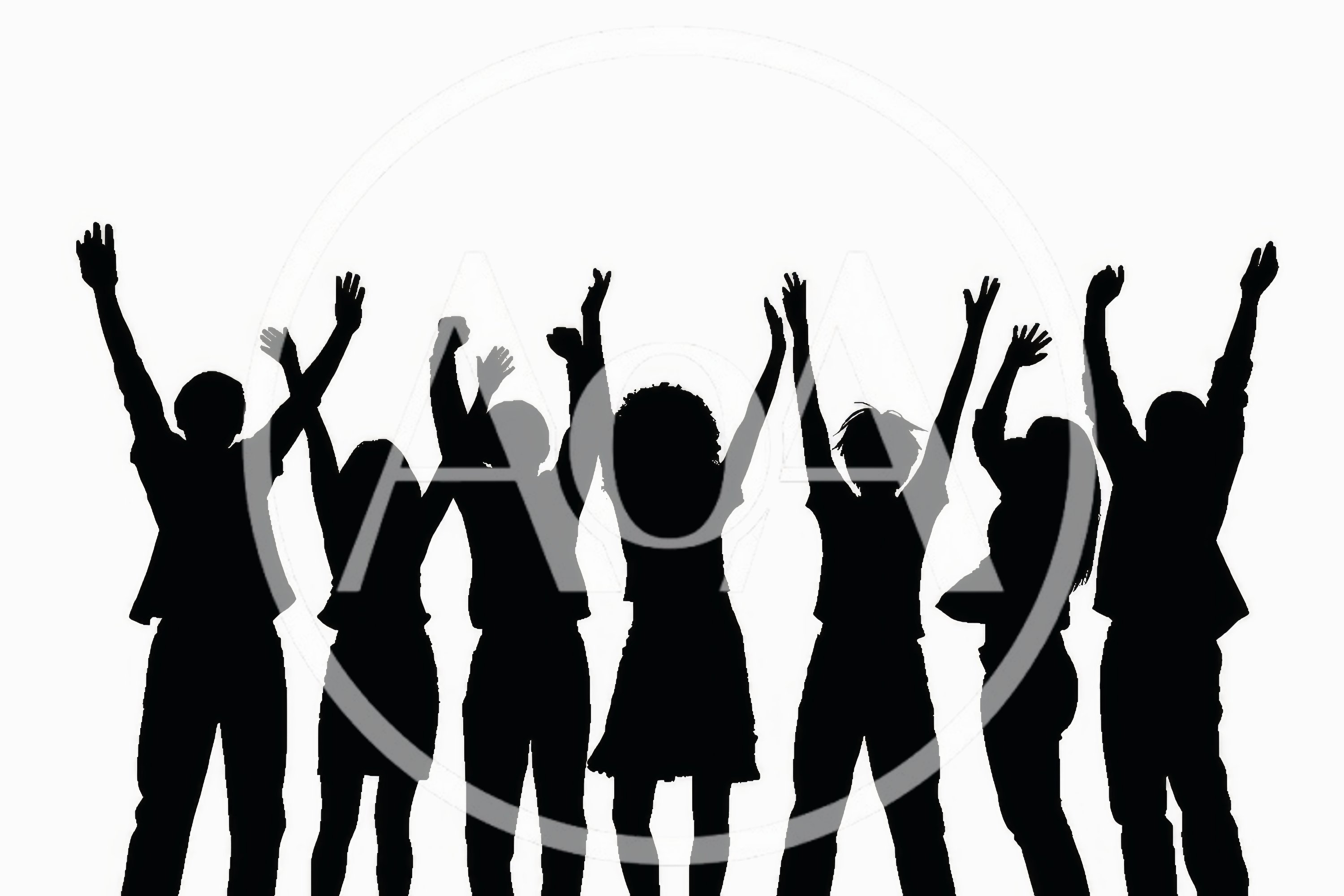 Silhouettes Of Diverse People Celebrating With Raised Arms