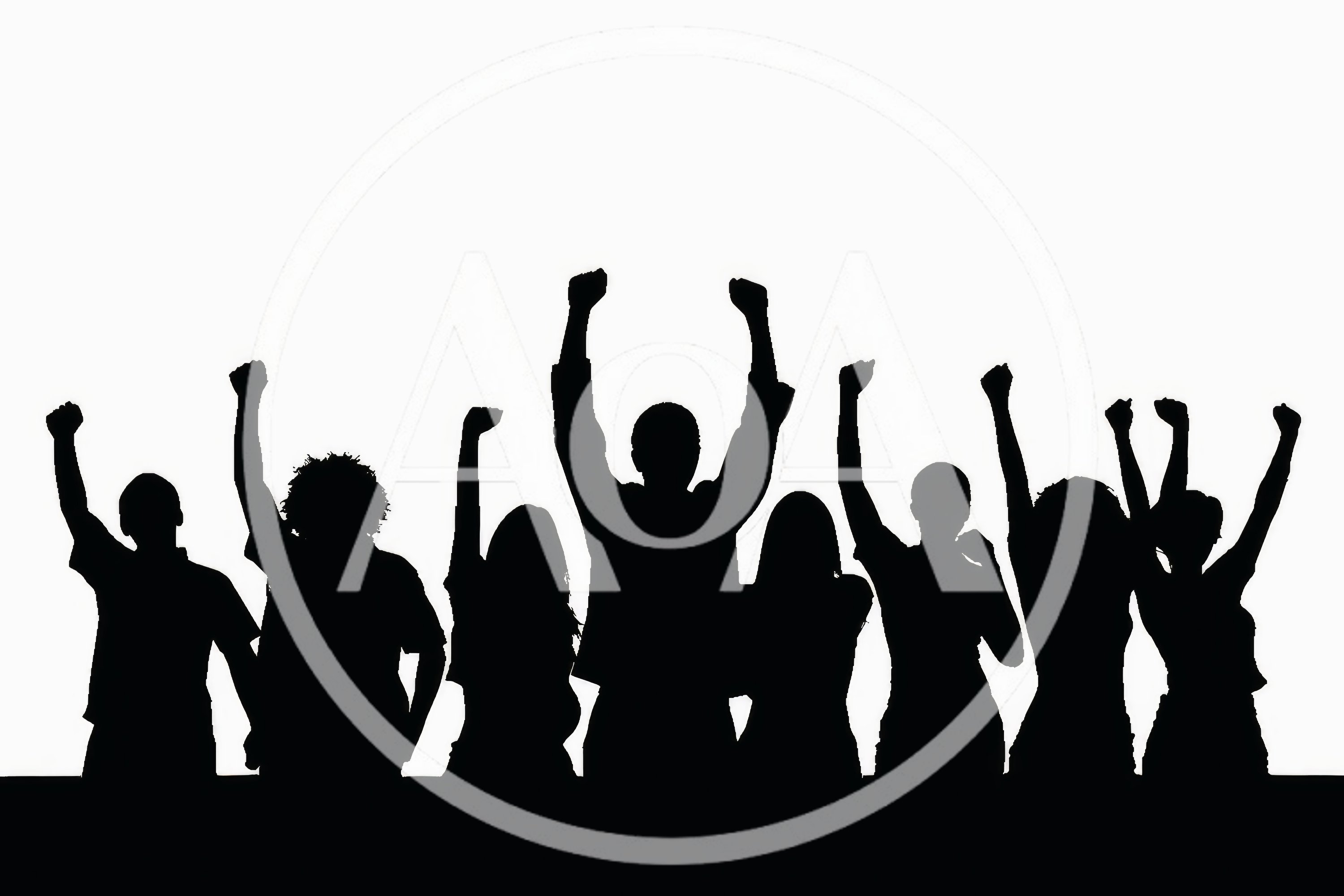 Silhouettes Of A Diverse Group Celebrating With Raised Arms