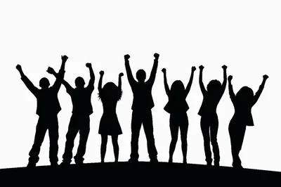 Group Of People Celebrating With Arms Raised In Silhouette
